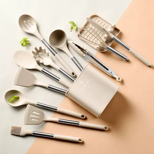 13-Piece Silicone Kitchen Utensil Set with Stainless Steel Handles